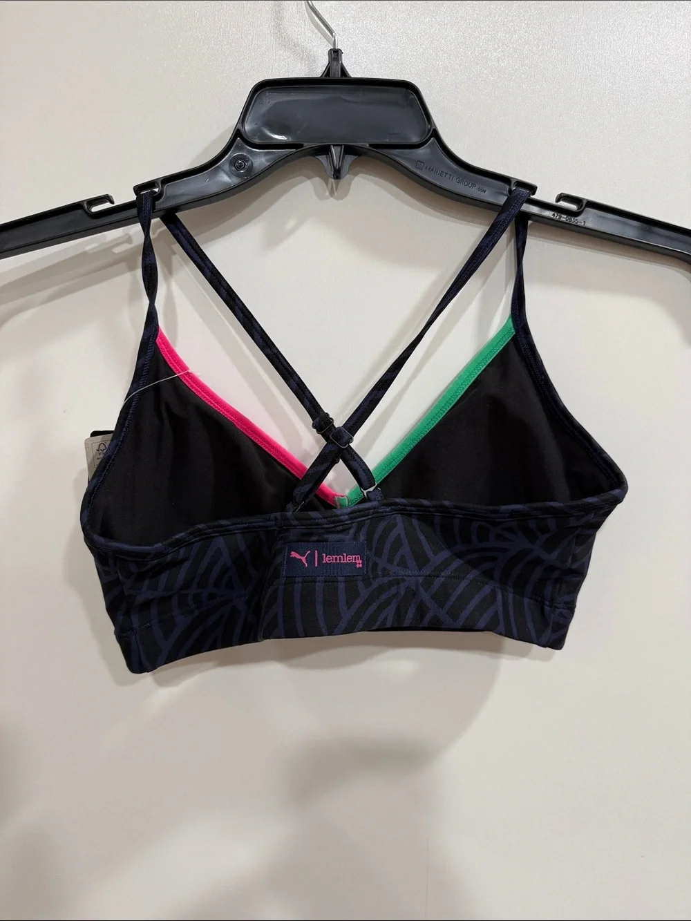 Puma Black Patterned Strappy Sports Bra with Pink & Green Trim - Picture 3 of 3
